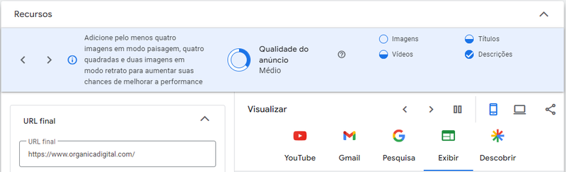 Exemplo de sugestão do Google Ads