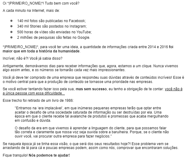 Exemplo de copy para Marketing Digital em E-mail Marketing