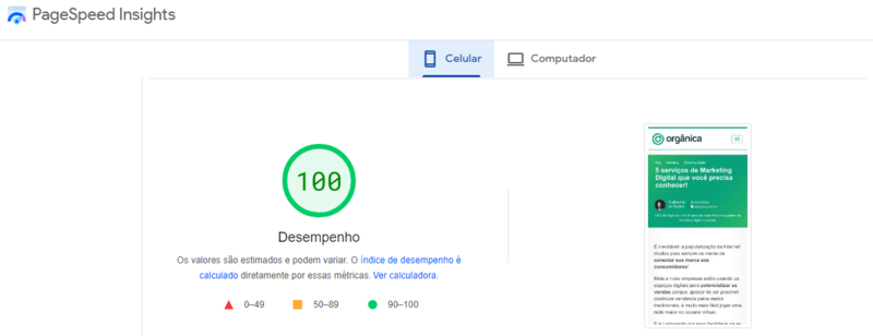 Resultado Google PageSpeed para serviços de Marketing Digital