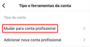 Menu de tipo e ferramentas da conta do Instagram