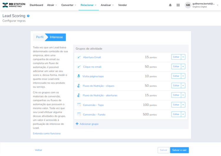 Exemplo de lead scoring no RD Station