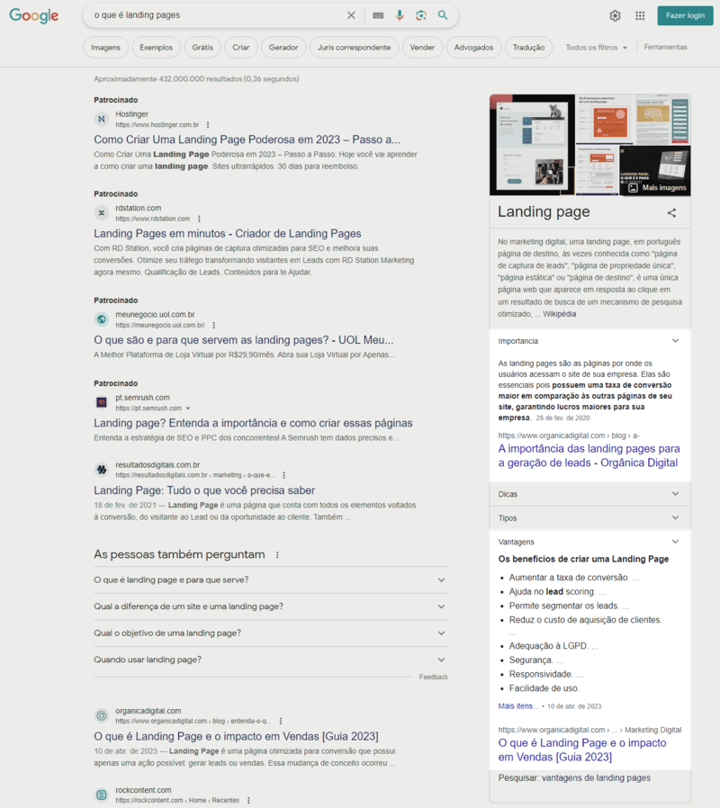 Pesquisa no Google para O que é Landing Pages