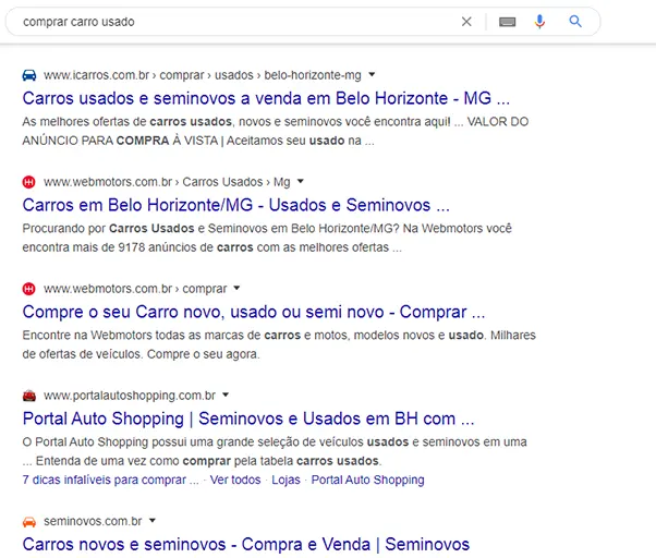 Pesquisa Google sobre como comprar carrro usado