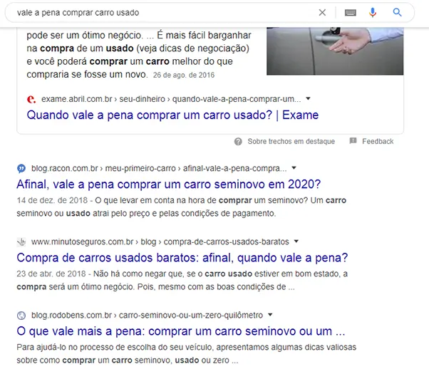 Pesquisa Google sobre comprar carro usado
