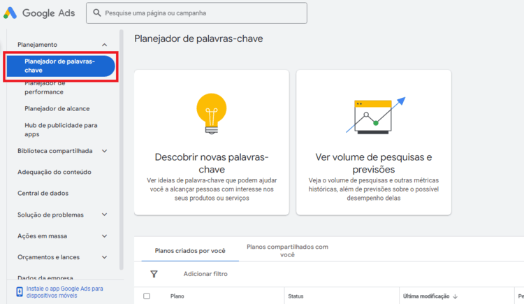 Google Ads - Planejador de palavras-chave