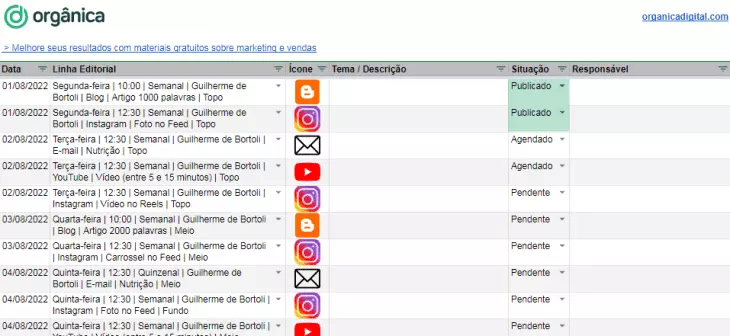 Calendário de Conteúdo da Orgânica