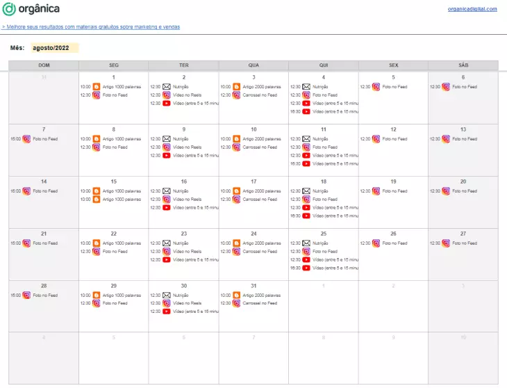 Calendário de Conteúdo da Orgânica