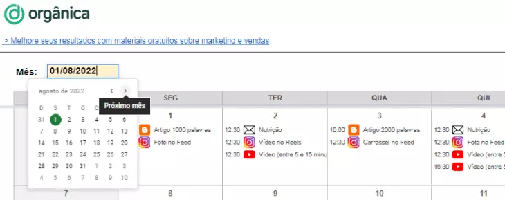 Calendário de Conteúdo da Orgânica
