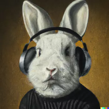 Imagem de pintura a óleo de um coelho branco usando suéter e fones de ouvido pretos
