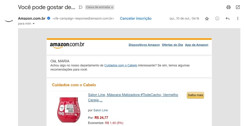 Guia do Marketing Personalizado: do conceito à prática E-mail personalizado da Amazon