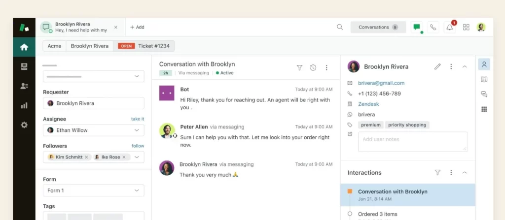 7 melhores CRM para WhatsApp para impulsionar suas vendas em 2025 Captura de tela de uma conversa no Zendesk, com o ticket de suporte 1234 aberto, destacando usuários como Brooklyn Rivera e Peter Allen.
