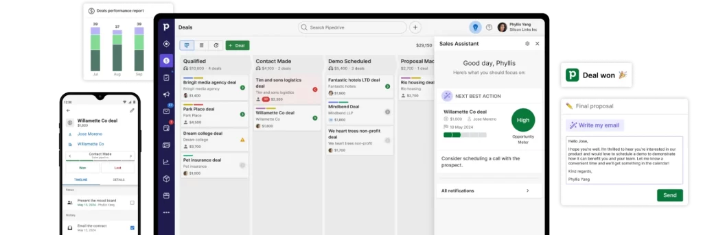 7 melhores CRM para WhatsApp para impulsionar suas vendas em 2025 Imagem demonstrando o software de gerenciamento de vendas da Pipedrive, com gráficos, propostas e atualizações sobre negócios, otimizando o fluxo de trabalho e a colaboração de equipes.