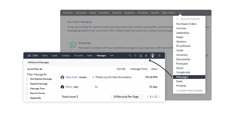 7 melhores CRM para WhatsApp para impulsionar suas vendas em 2025 Imagem do painel de mensagens do software de CRM Zoho, evidenciando a interação entre usuários e a filtragem de mensagens.