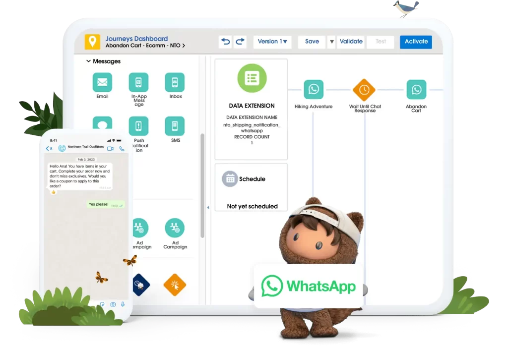 7 melhores CRM para WhatsApp para impulsionar suas vendas em 2025 Imagem ilustrativa do painel de controle de jornadas da Salesforce que destaca interações com WhatsApp para recuperação de carrinhos abandonados em e-commerce.