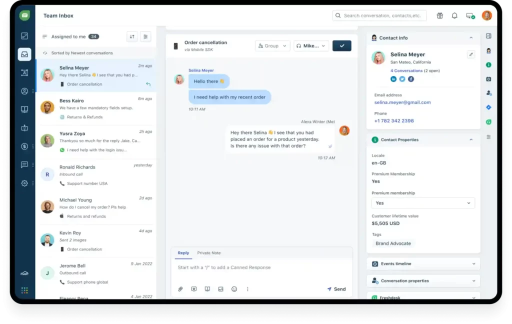 7 melhores CRM para WhatsApp para impulsionar suas vendas em 2025 Imagem mostrando uma interface de chat do Freshworks, demonstrando a conversa sobre o cancelamento de um pedido, com detalhes do usuário e histórico de conversas.