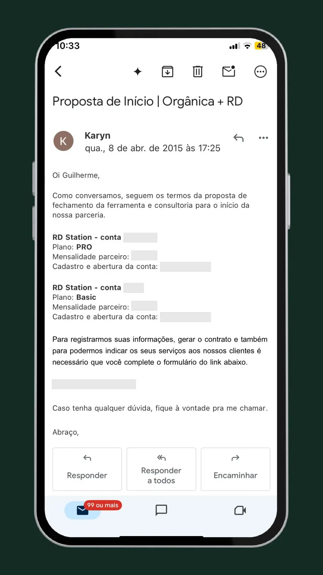 Orgânica e RD Station: 10 anos de parceria e resultados Imagem de email de proposta de início de parceria Orgânica e RD Station para automação de marketing digital.