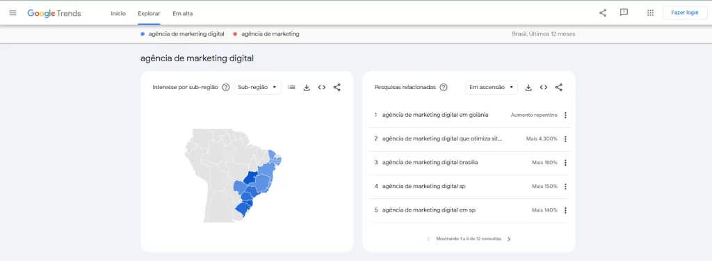 Google Trends destacando as regiões com maior interesse por agências de marketing digital, com cores azuis variando para indicar diferentes níveis de procura na pesquisa