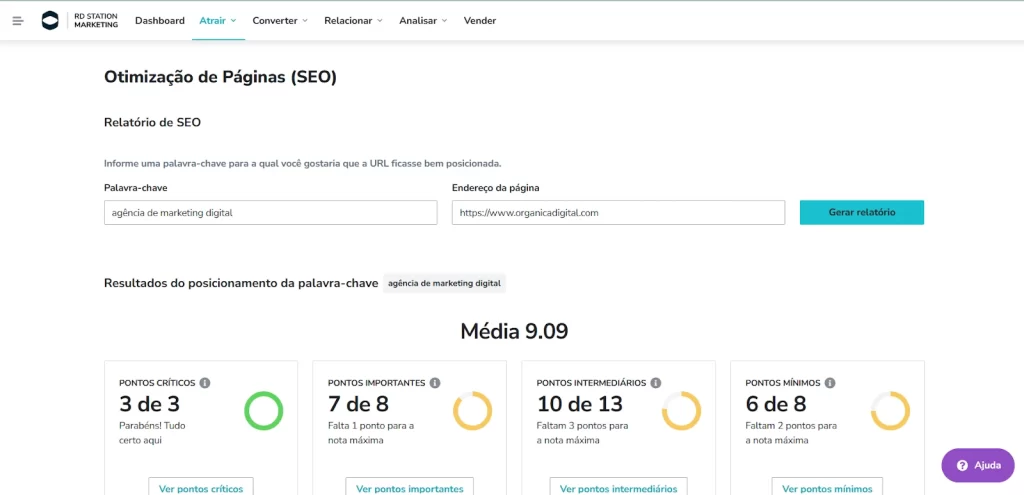 Imagem do painel de relatórios de análise de dados da área de otimização de páginas do RD Station Marketing