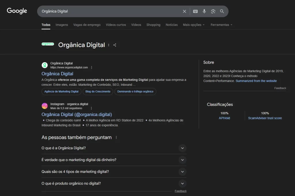 Pesquisa no Google pelas palavras-chave 'Orgânica Digital', mostrando resultados de uma agência de marketing digital especializada em SEO, marketing de conteúdo e inbound marketing, destacando seu website oficial, perfil no Instagram e avaliações de clientes.