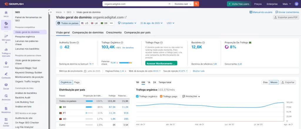 Imagem do painel de relatórios de análise de dados do Semrush