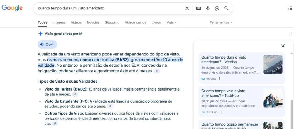 Captura de tela da busca Google mostrando a duração dos vistos americanos mais comuns, como o de turista B1/B2 com validade de 10 anos e permissão de estadia de até 6 meses