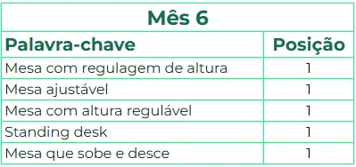 Tabela de palavras-chave relacionadas a mesas ajustáveis e standing desk com posição 1 no mês 6