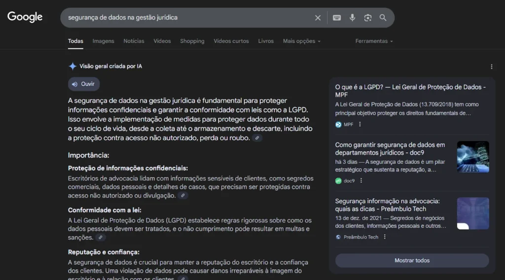 Resultados de busca no Google para segurança de dados na gestão jurídica com resumo sobre importância da LGPD e proteção de informações confidenciais