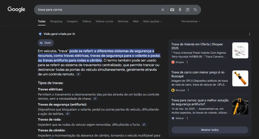 Descrição dos diferentes tipos de trava para carros, incluindo travas elétricas, travas de segurança para volante e pedal, travas antifurto para rodas e câmbio