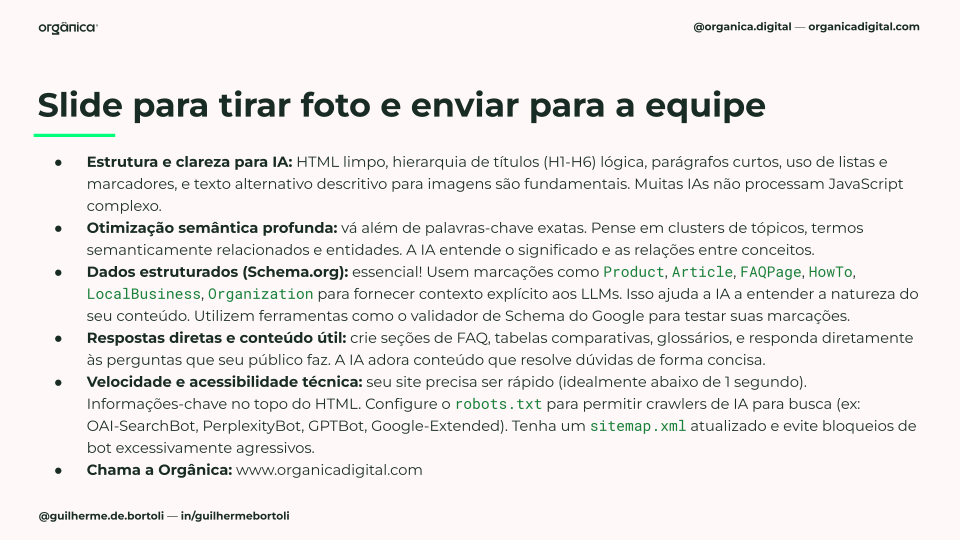 Dicas para otimização de imagens para IA incluindo estrutura, clareza, otimização semântica, dados estruturados, respostas diretas, velocidade e acessibilidade técnica