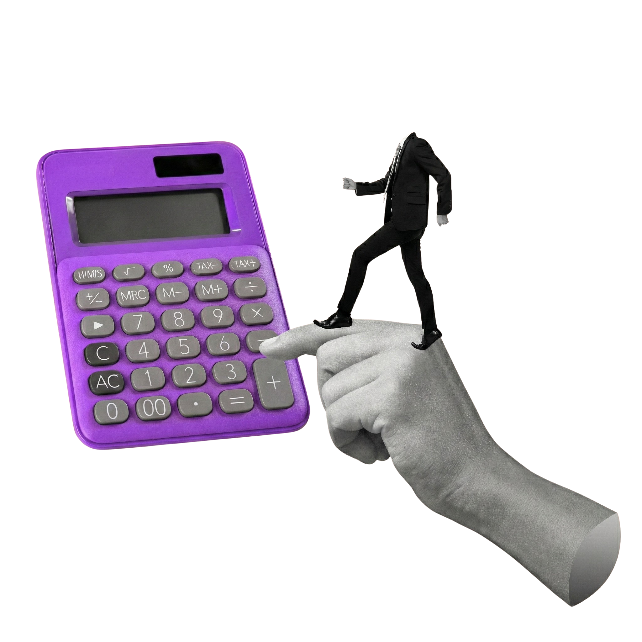 Mão segurando calculadora roxa com homem sobre o dedo cinza