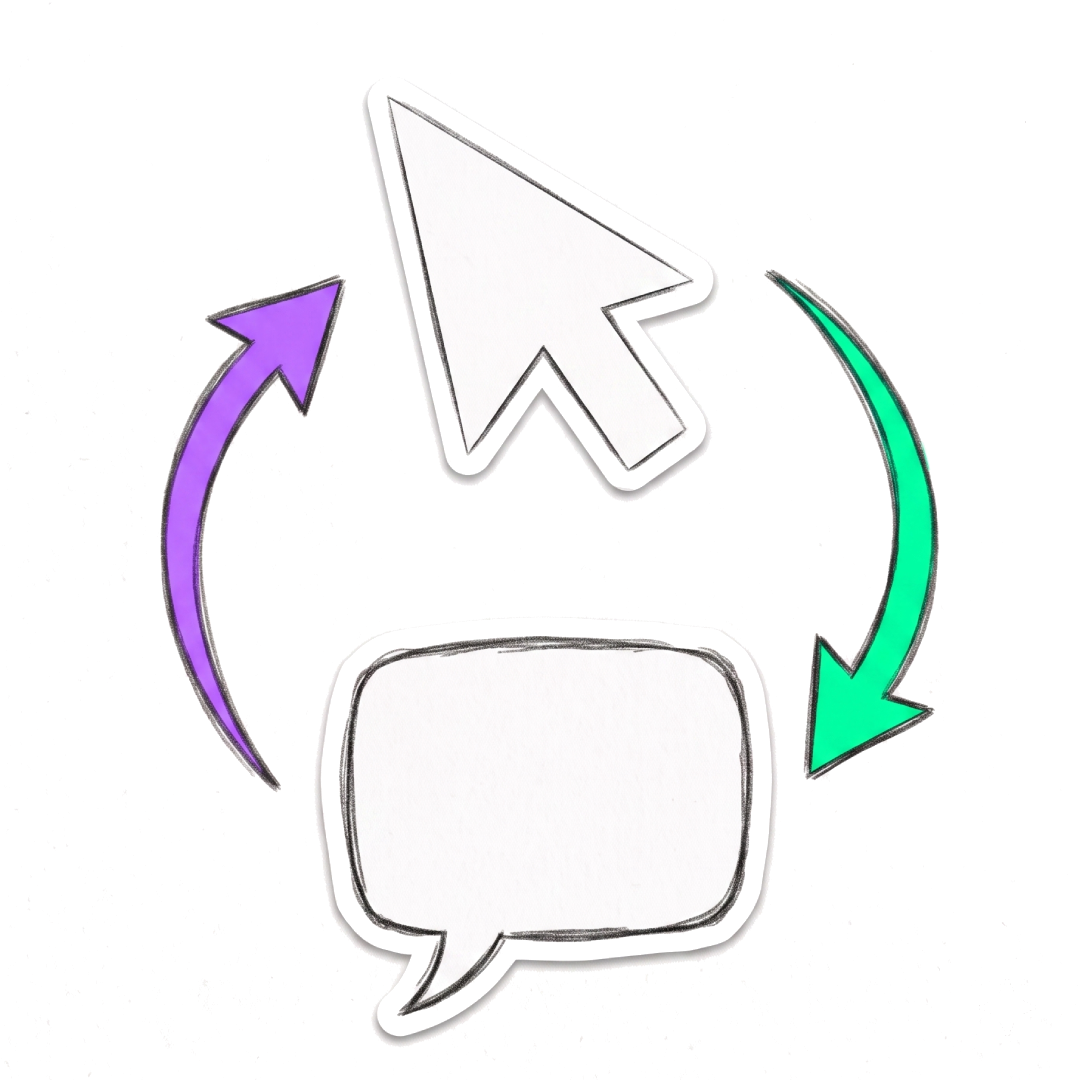 Ícones de cursor, balão de fala e setas de interação