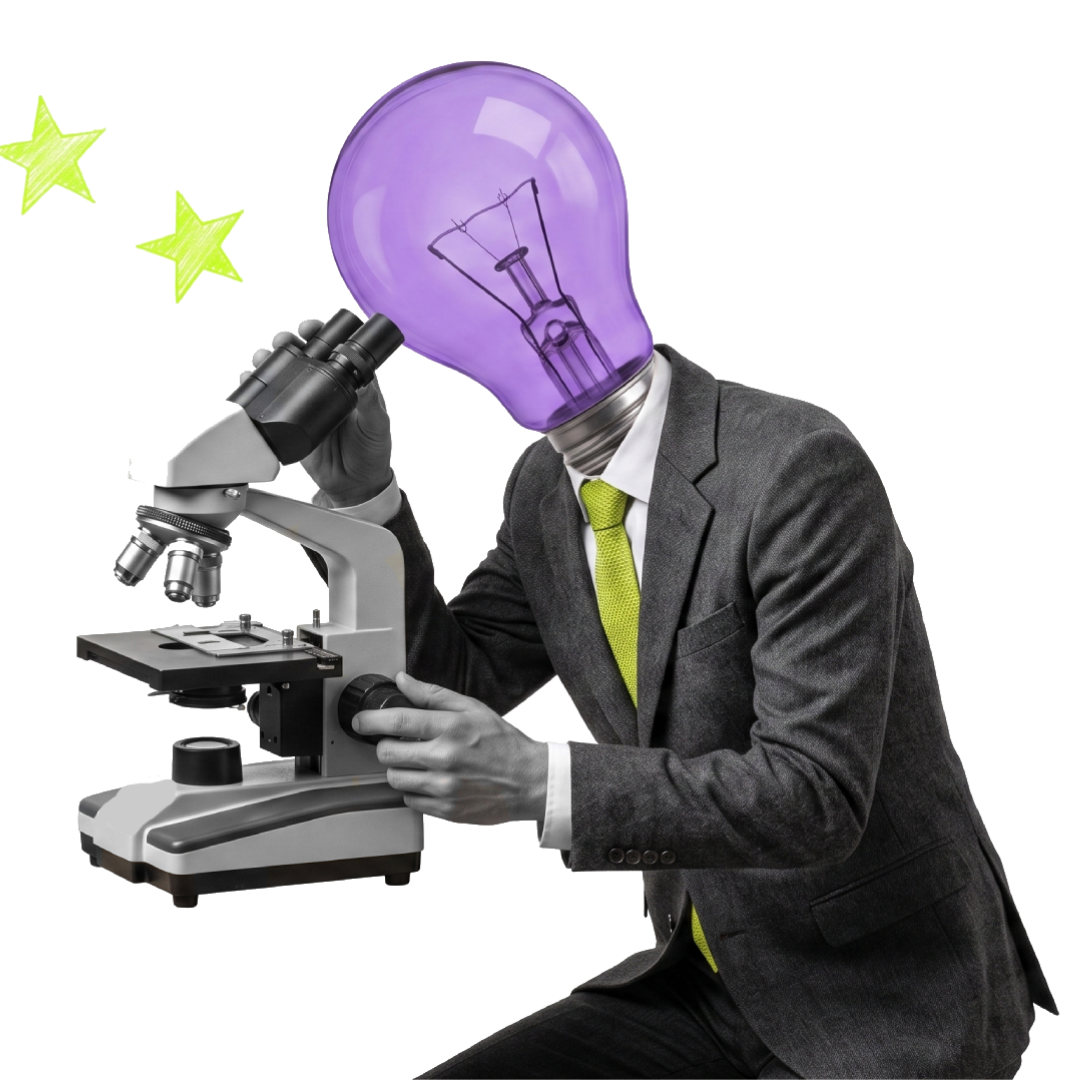 Homem de terno observando microscópio com cabeça de lâmpada roxa