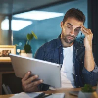 Homem preocupado lendo documento em escritório moderno com iluminação suave, ilustrando um conteúdo da Orgânica sobre economia da atenção.