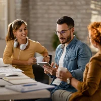 Três jovens profissionais em reunião de trabalho colaborativa em escritório, ilustrando um conteúdo da Orgânica sobre marketing contínuo.