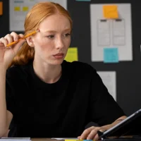 Mulher pensativa trabalhando com o laptop no escritório, representando marca não é relevante para a IA.