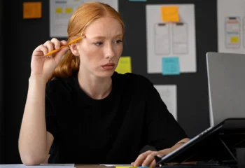 Mulher pensativa trabalhando com o laptop no escrit&oacute;rio, representando marca n&atilde;o &eacute; relevante para a IA.